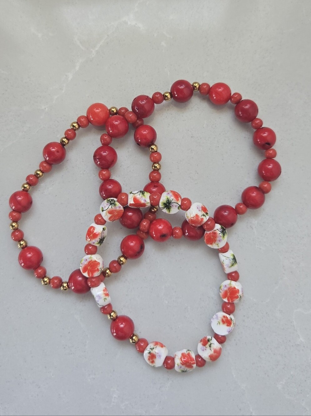 Handmade SemiPrecious Coral Stone And Vintage Ceramic Bead Stretch Bracelet Trio